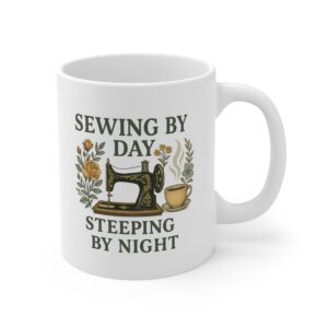 “Sewing by Day, Steeping by Night” sewing mug with vintage sewing machine and teacup design | By T Larkin