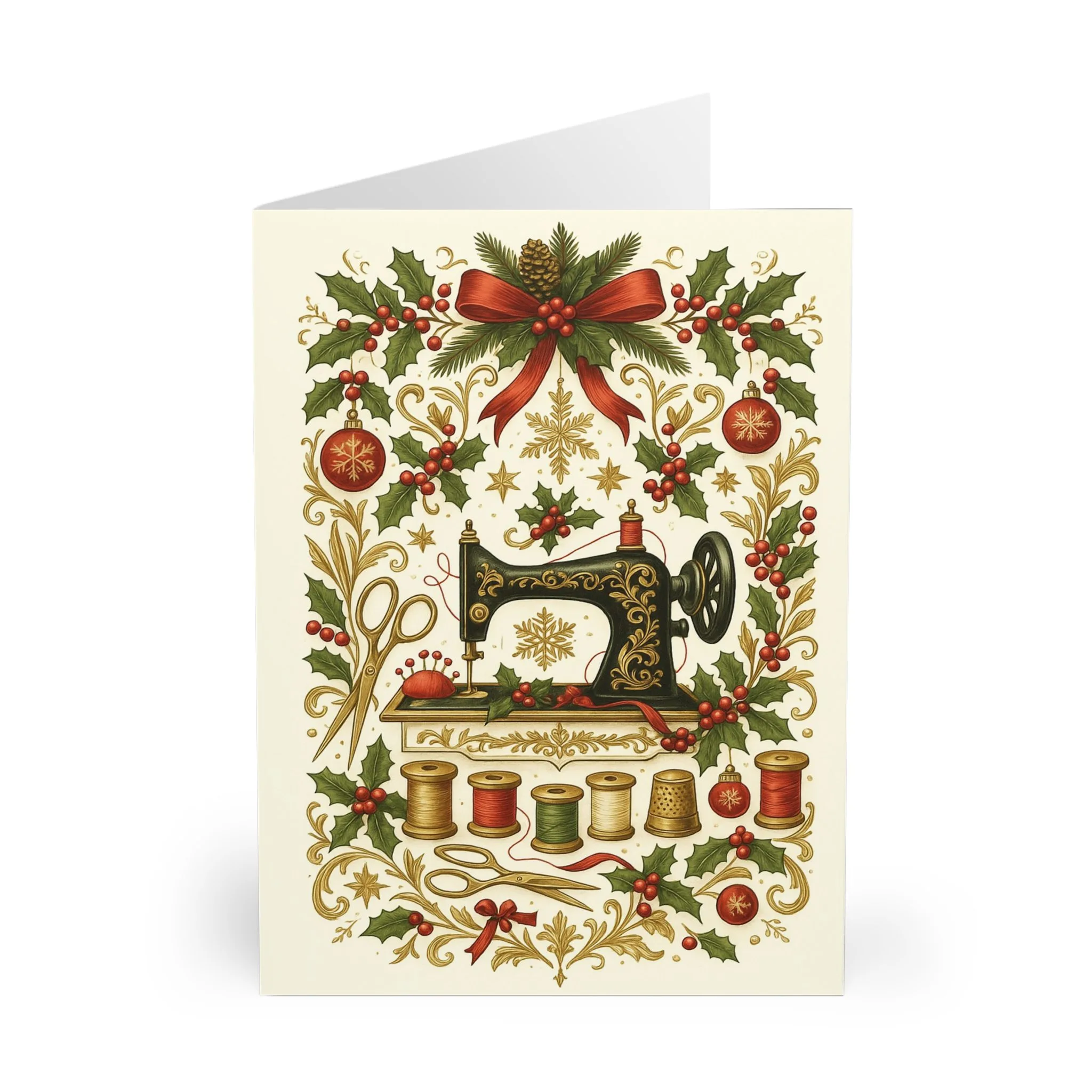 Vintage-style sewing Christmas card with ornate sewing machine, holly, berries and gold festive details on cream background | by T Larkin.