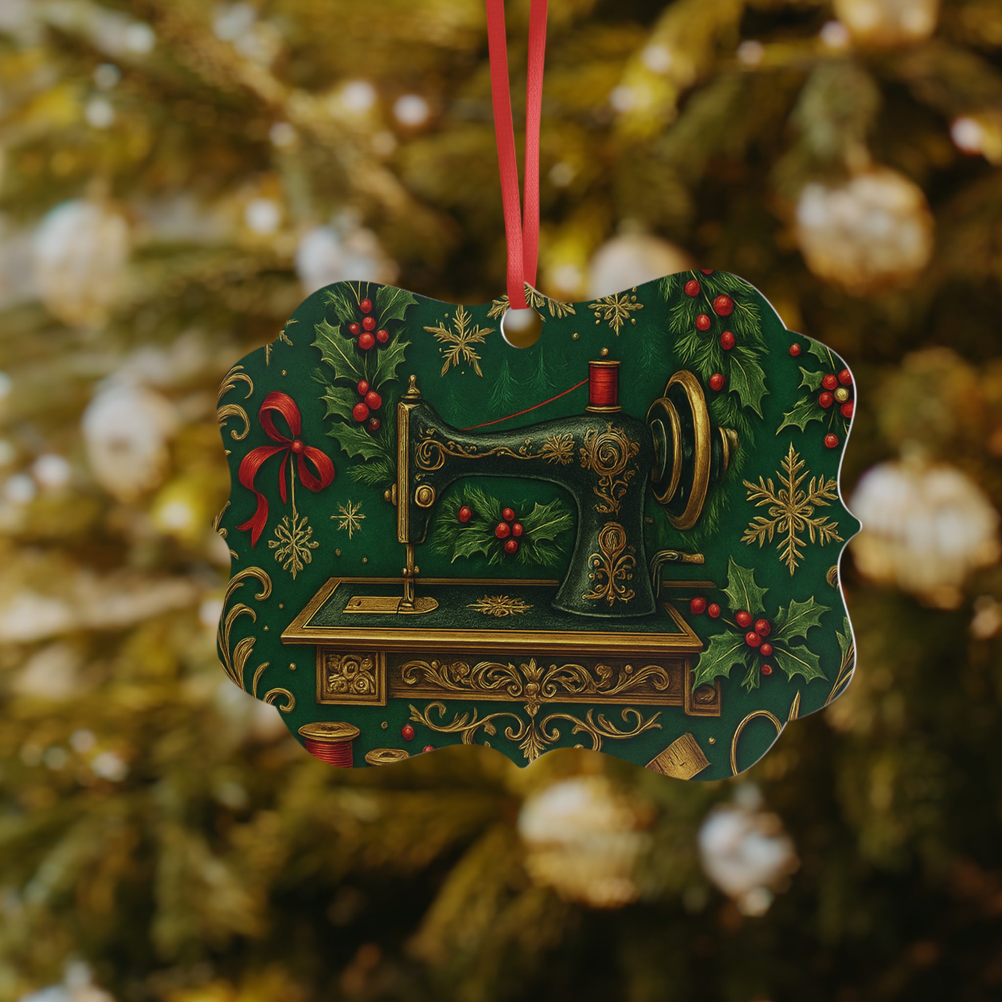 Sewing Christmas Hanging Ornament – Green & Gold Vintage Sewing Machine Decoration & Gift for Quilters and Sewing Lovers - Image 3