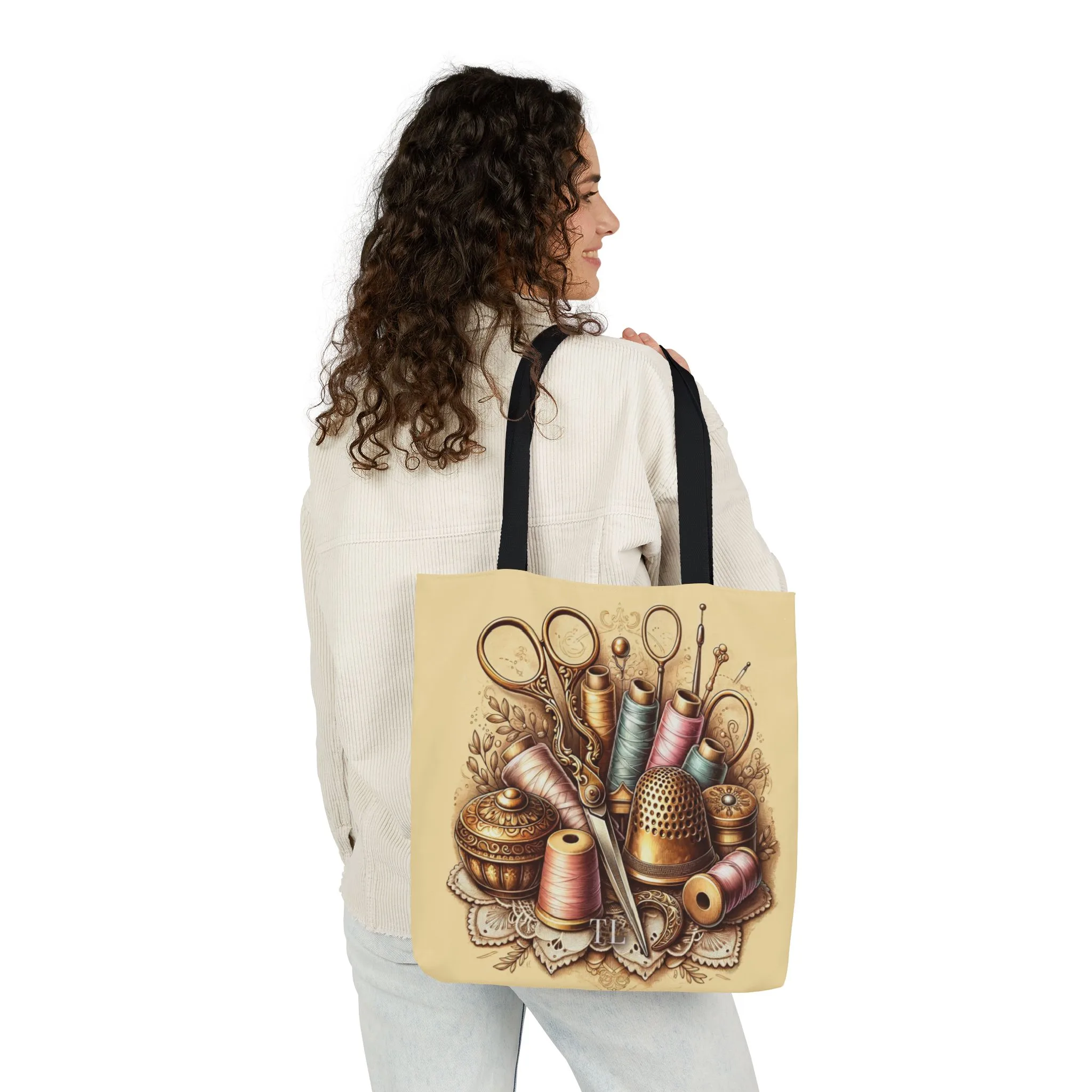 Sewing Tote Bag – Vintage Sewing Tools and Thimble Design, Gift for Quilters & Sewing Lovers - Image 4