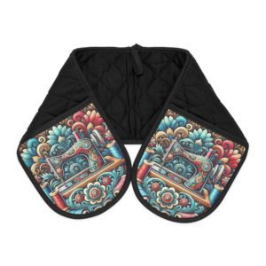 Colourful sewing oven mitts with intricate floral patterns and a decorative sewing machine, quilted and heat-resistant, bold kitchen gift for sewing lovers | by T Larkin.