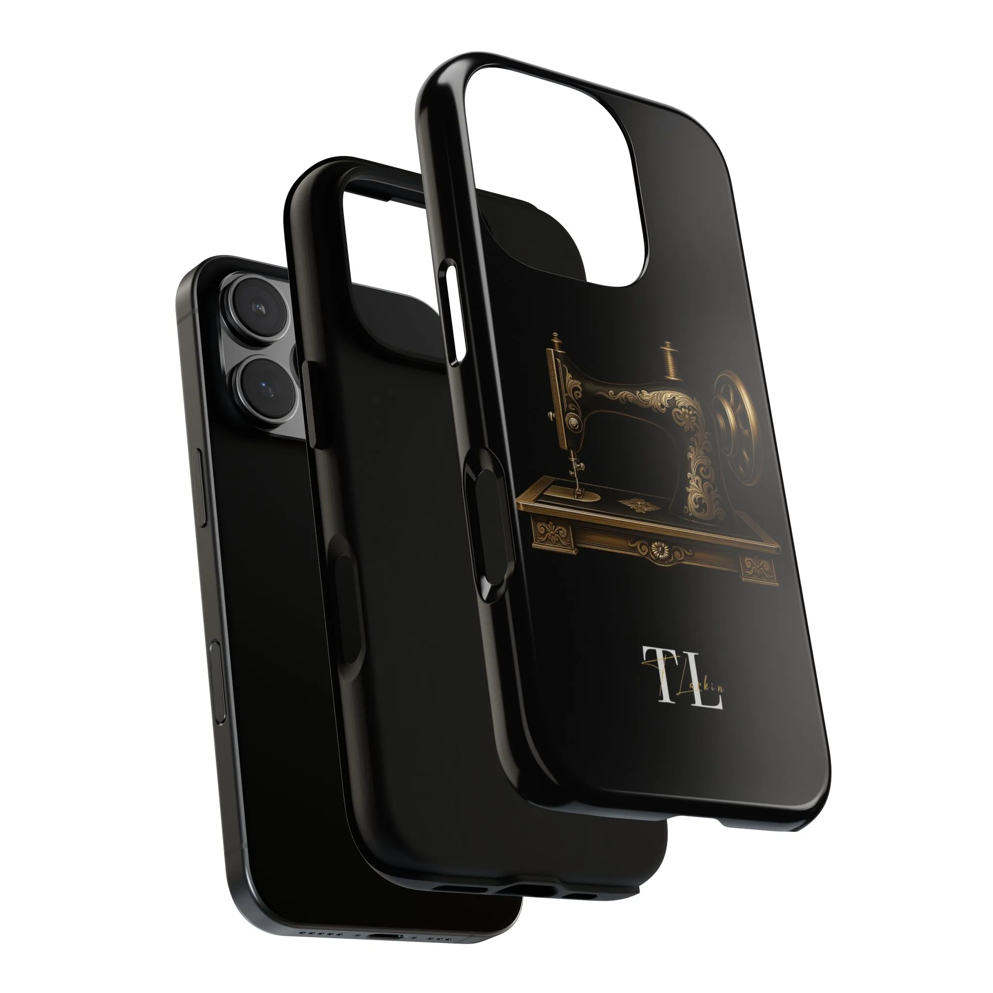 Sewing Phone Case – A Minimalist Gold Vintage Sewing Machine on Black - Image 3