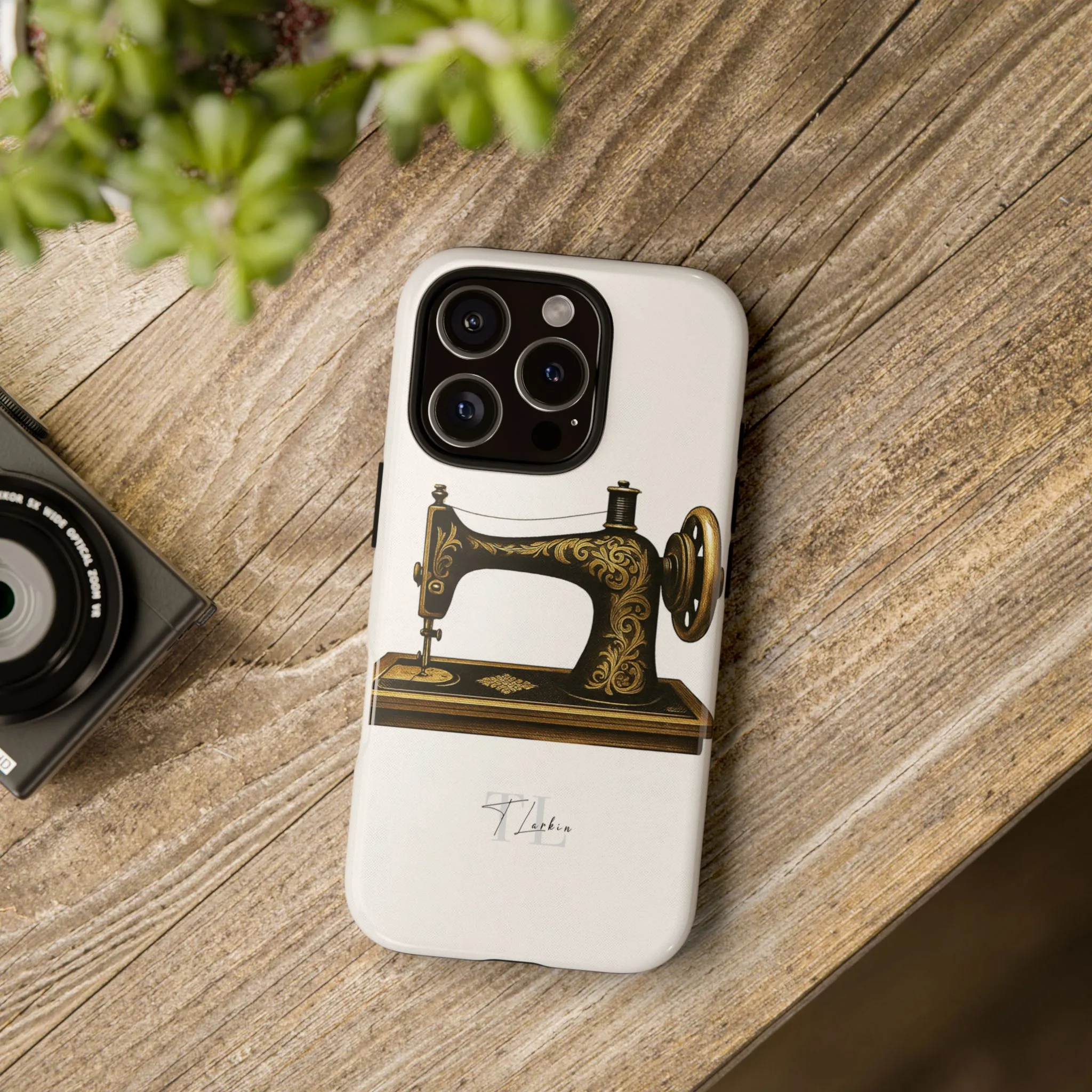 Sewing Phone Case – A Minimalist Gold Vintage Sewing Machine on White - Image 4