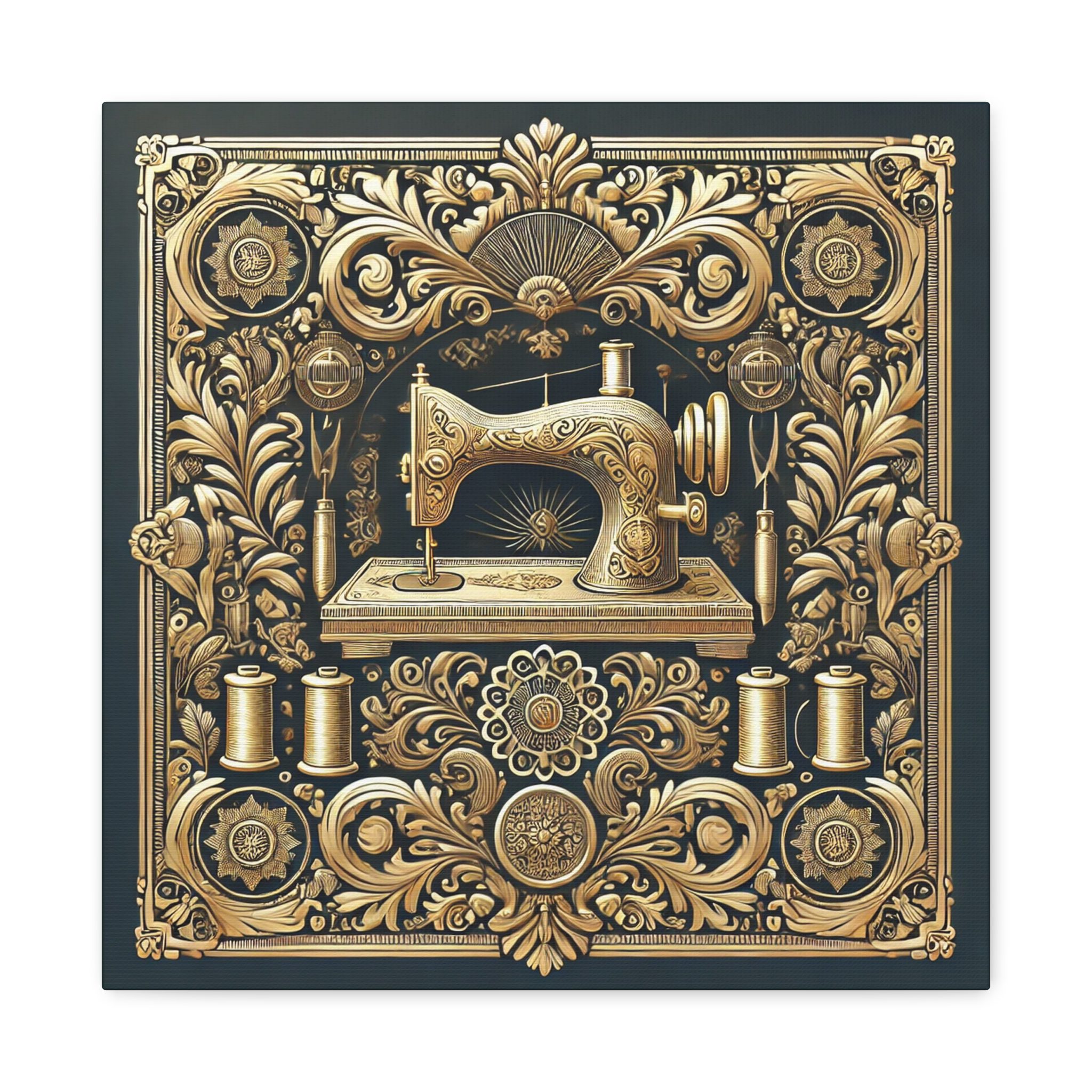 Sewing Canvas Print – Regal Gold Vintage Sewing Machine Art, Gift for Sewing Lovers & Quilters (16" × 16") - Image 2