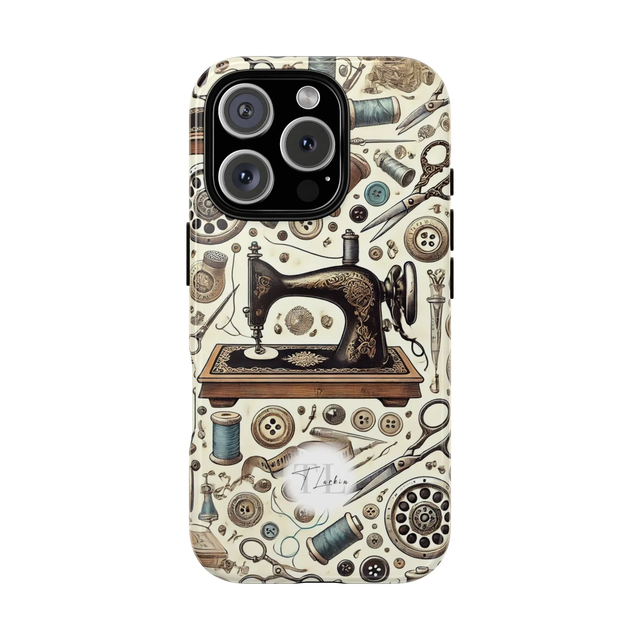 Vintage sewing tools pattern phone case design | By T Larkin