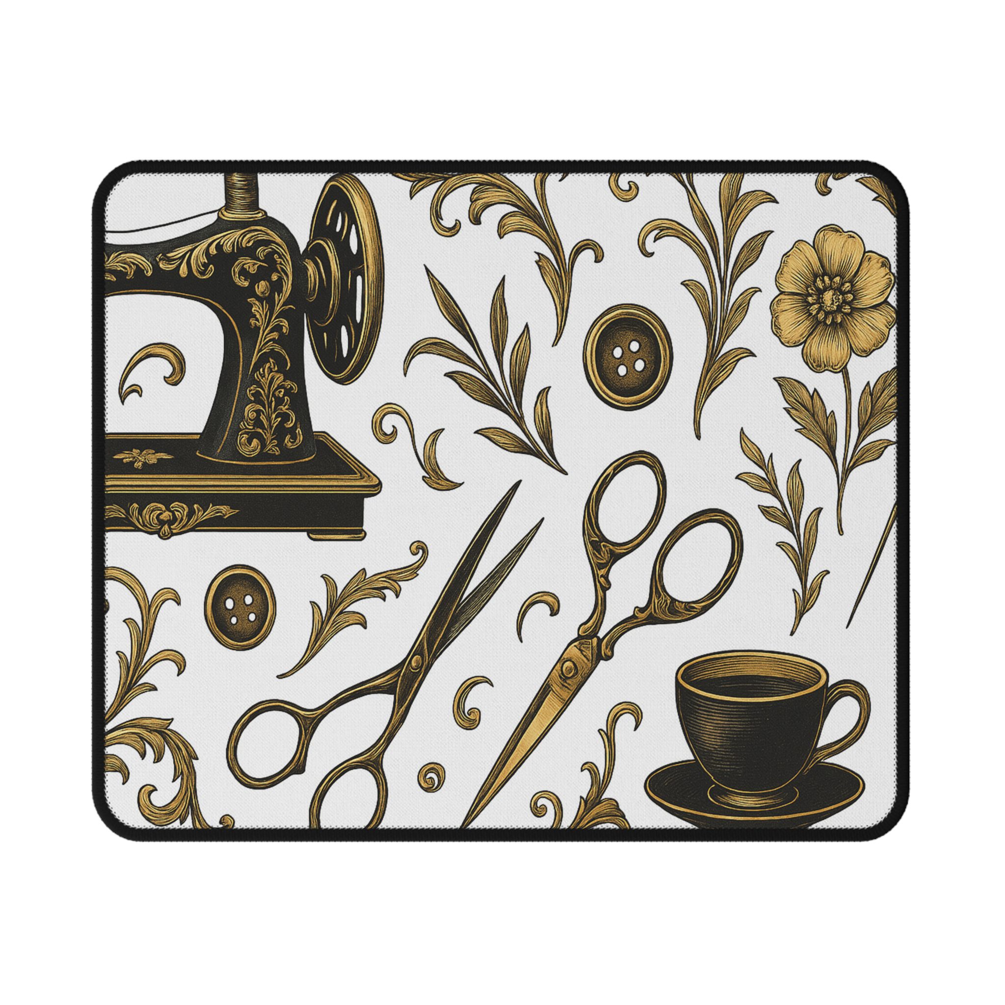 Gold sewing mouse mat featuring vintage scissors, buttons, florals, and a teacup on a white background — elegant sewing themed desk accessory | By T Larkin.