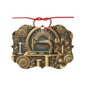 Sewing Christmas Hanging Ornament featuring a gold vintage sewing machine surrounded by ornate gears, spools, and metallic details — elegant Christmas gift for quilters and sewing lovers | By T Larkin.