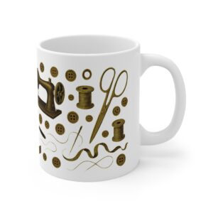 Gold vintage sewing mug with sewing machine, scissors, spools, buttons and ribbon pattern | By T Larkin