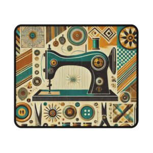 Retro sewing mouse mat featuring a mid-century sewing machine surrounded by teal, gold, and cream geometric patterns, spools, and buttons — stylish sewing gift | By T Larkin.