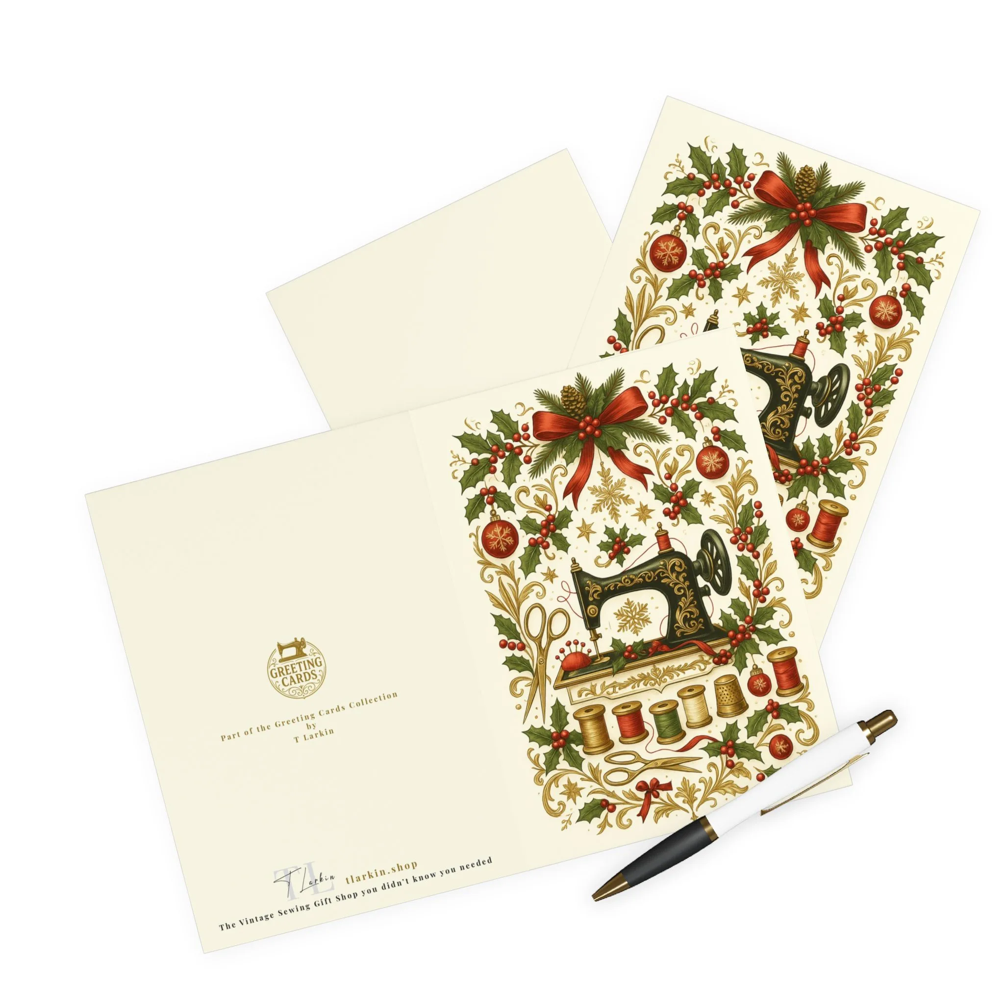 Sewing Christmas Card – Vintage Sewing Machine Wreath Design, Elegant Gift for Sewing Lovers (Pack of 5) - Image 3