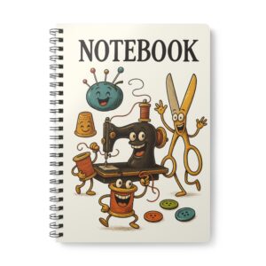 Funny sewing notebook with cartoon sewing tools design | By T Larkin