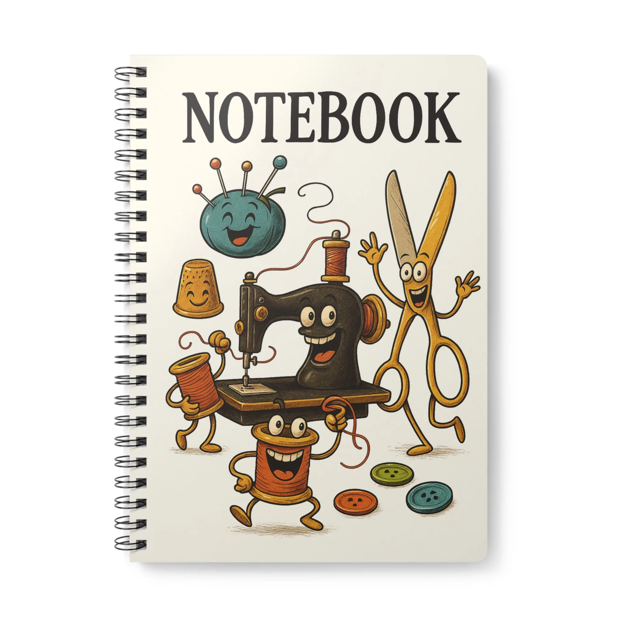 Funny sewing notebook with cartoon sewing tools design | By T Larkin