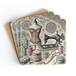 Vintage sewing coasters with dressform corset, ornate sewing machine, threads, florals and sewing notions, glossy MDF top and cork backing | By T Larkin.