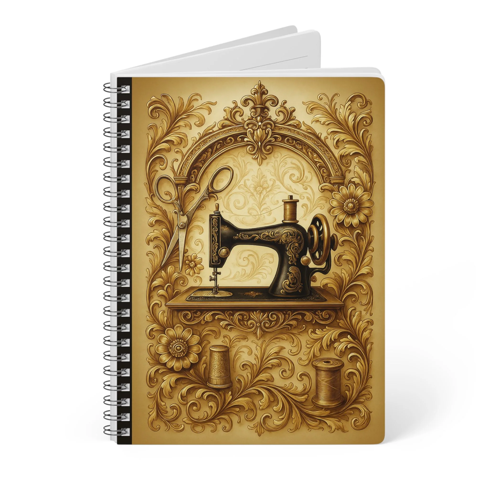 Sewing Journal - Gold Ornate Quilting Notebook - Vintage Seamstress Gift - Antique Sewing Machine Cover - Image 3